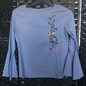 Blue & White Striped Blouse w/ Embroidered detail